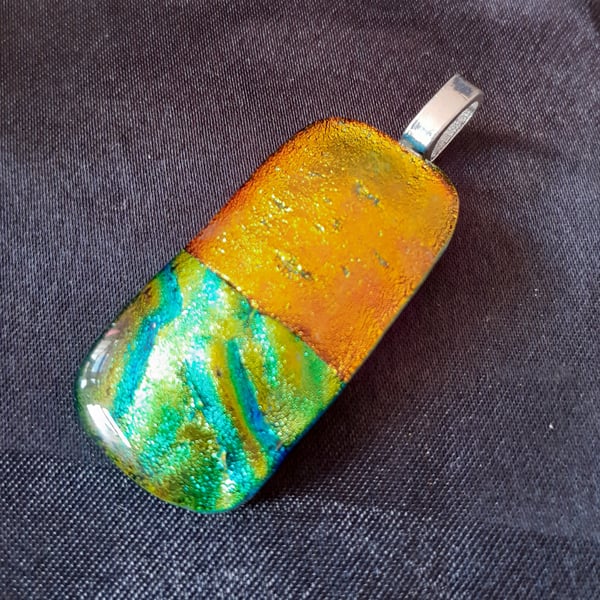 Fused glass pendant in orange and green yellow. Unique boho gift. Dichroic glass