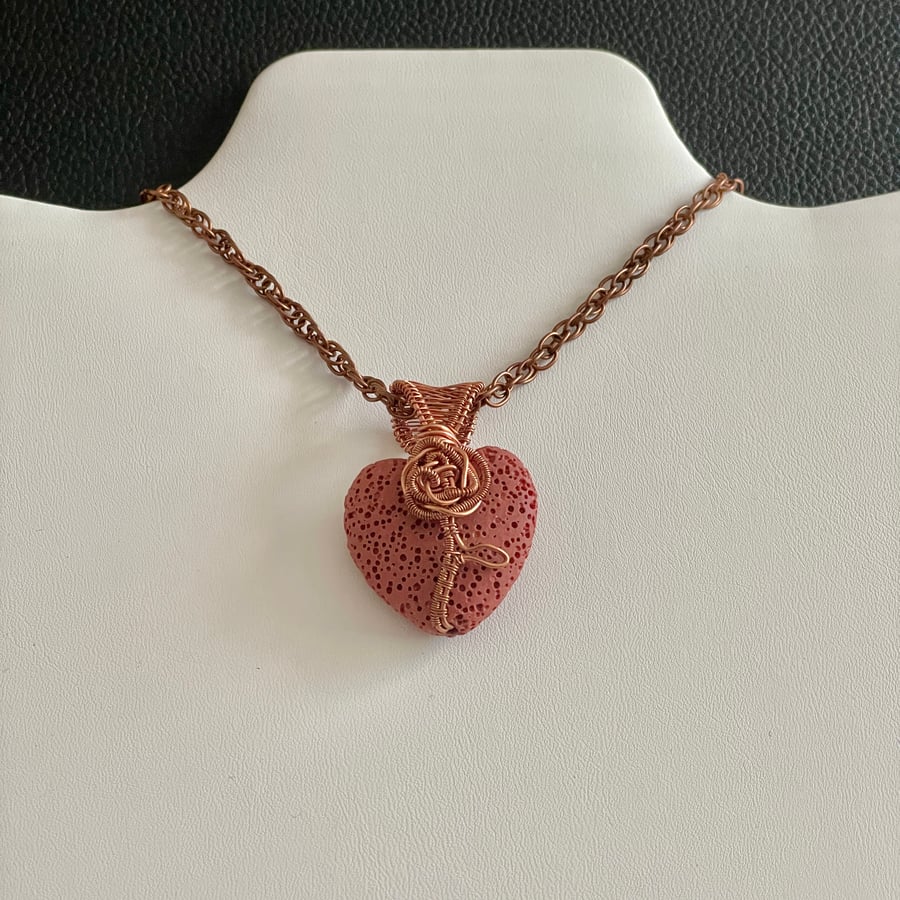 Wire Wrapped Copper Rose Lava Heart Pendant