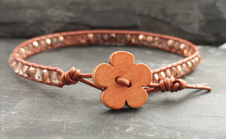 Copper tones leather and Czech glass bead bracelet with wooden flower button 