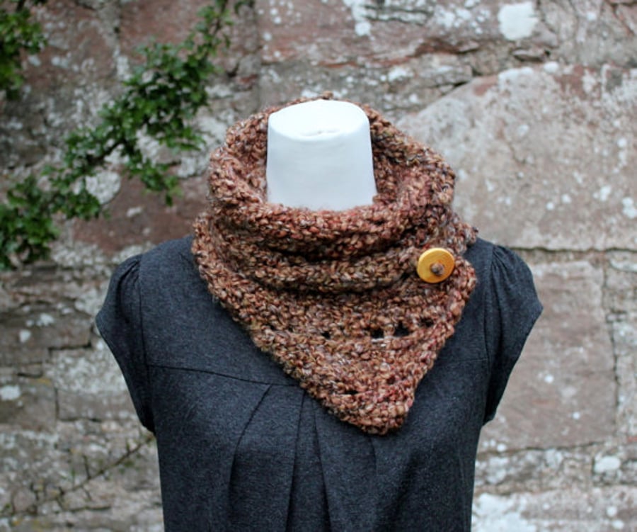 Soft brown button scarf snood, neckwear, gift guide, knitwear UK, vegan 