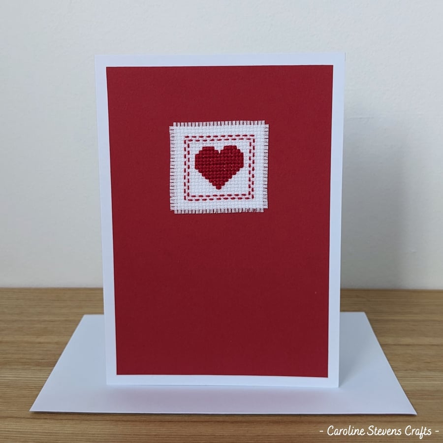 SECONDS – Red heart cross stitch card (design 3) - Folksy