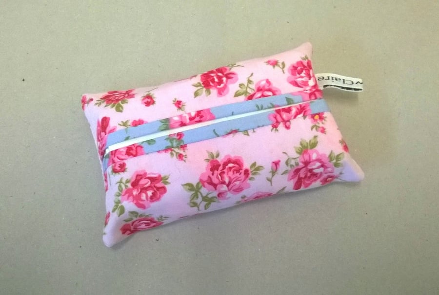 Tissue holder, pocket sized, Handmade, Pale pink floral pattern, Ladies gift