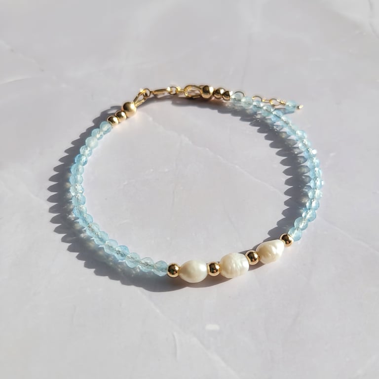 Aquamarine and Pearl Bracelet 14kt Gold Filled