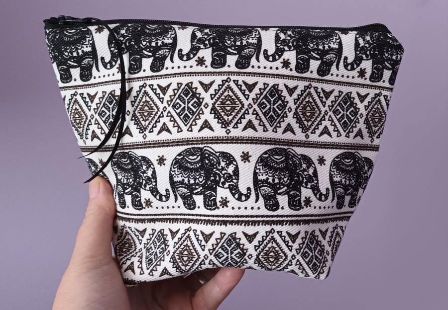 Elephant Aztec Style Flat Bottomed Make Up Bag Black And White. Free Delivery