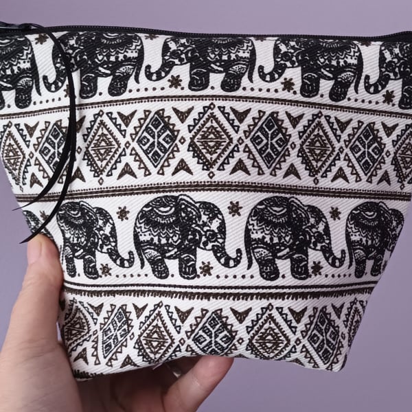 Elephant Aztec Style Flat Bottomed Make Up Bag Black And White. Free Delivery