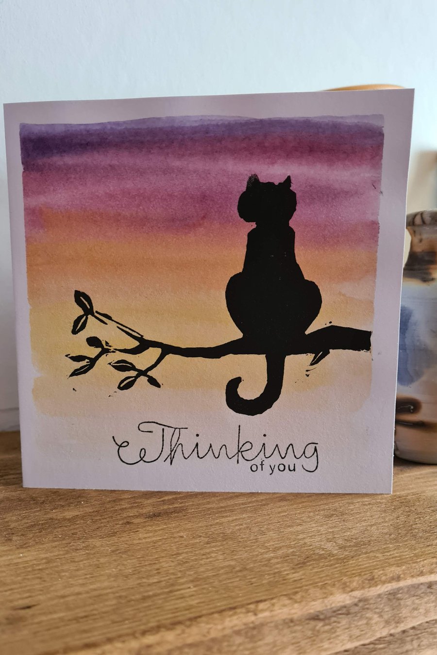 Black cat 'thinking of you' card handpainted handprinted
