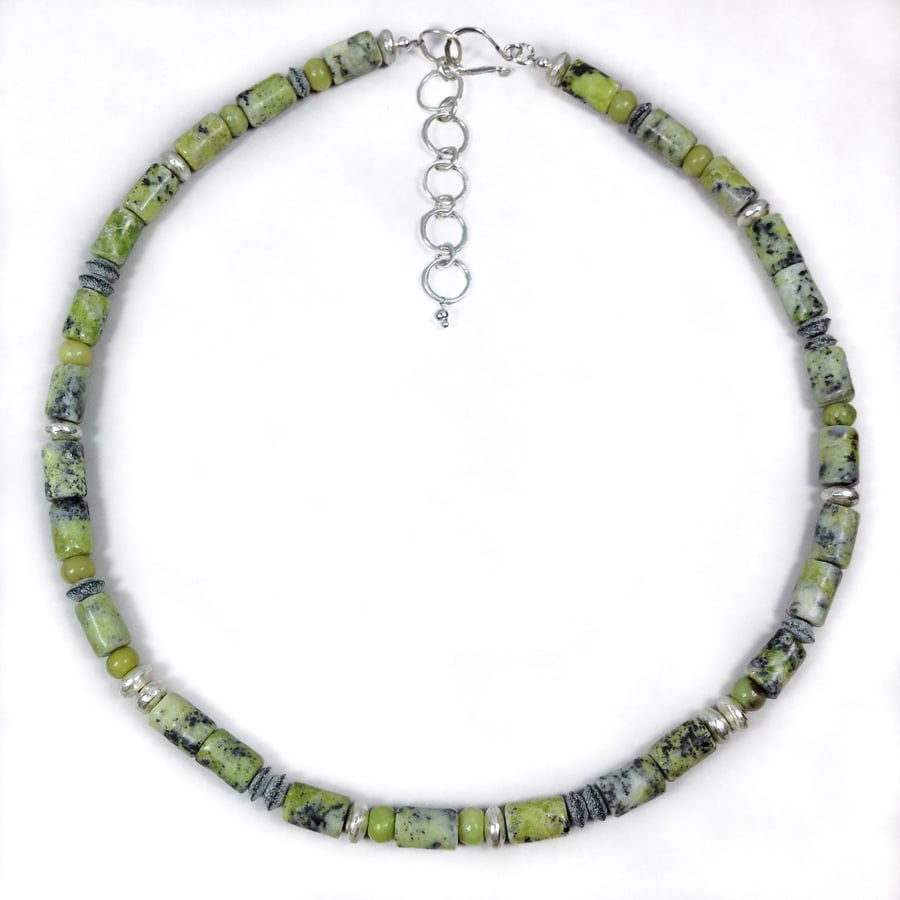 Sterling silver and serpentine bead necklace.