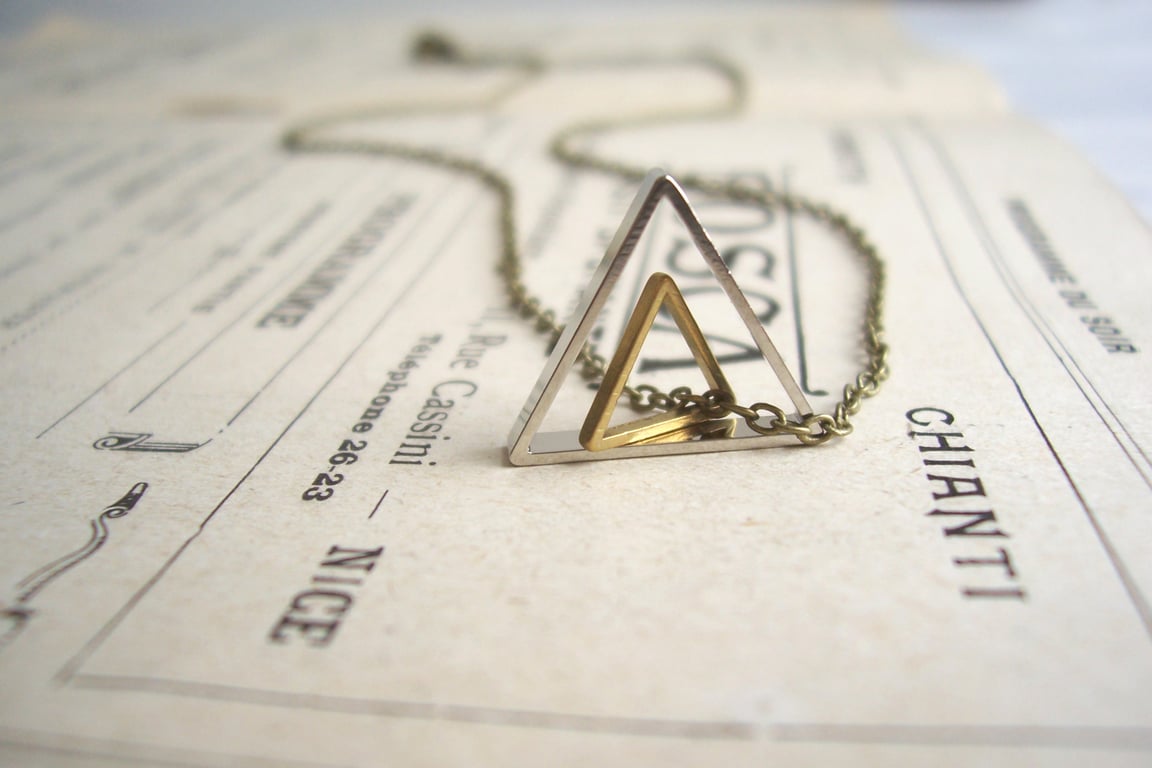 Double Triangle charm necklace - geometric mixed metals on brass - modern