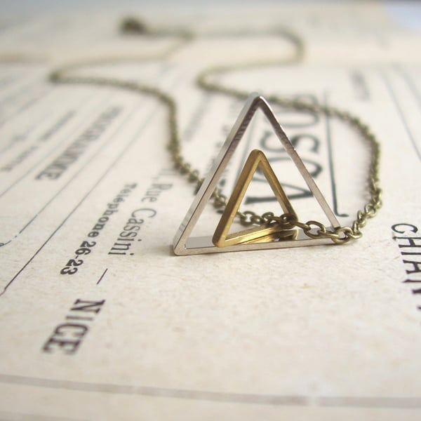 Double Triangle charm necklace - geometric mixed metals on brass - modern