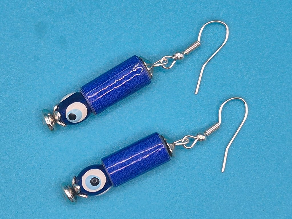 Midnight blue paper beaded earrings with evil eye bead