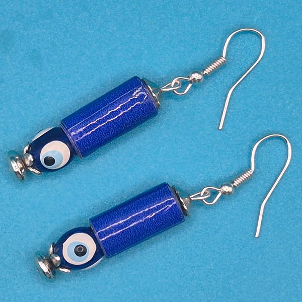 Midnight blue paper beaded earrings with evil eye bead
