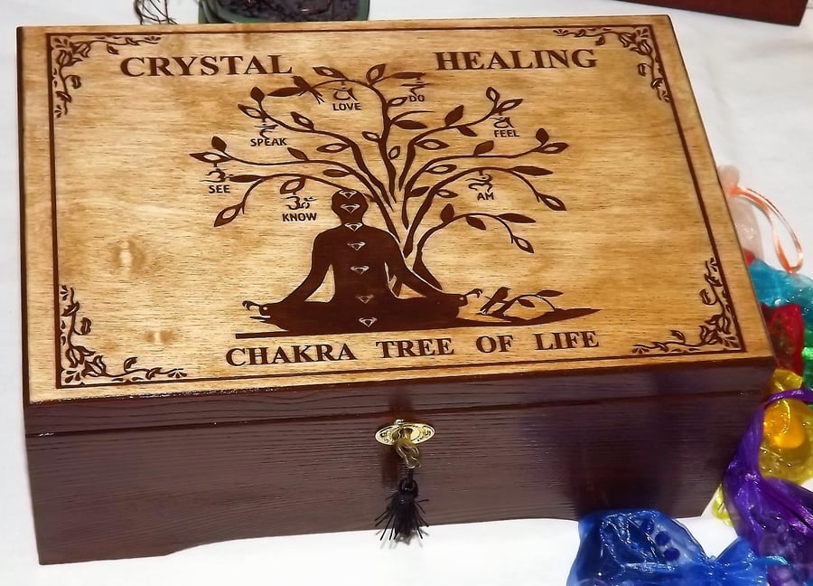 LOCKABLE  CRYSTAL HEALING engraved wooden box. handmade. Chakra Tree of Life