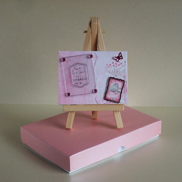 Miniature Mixed Media Canvas With Easel and Gift Box (Pink Mouse)