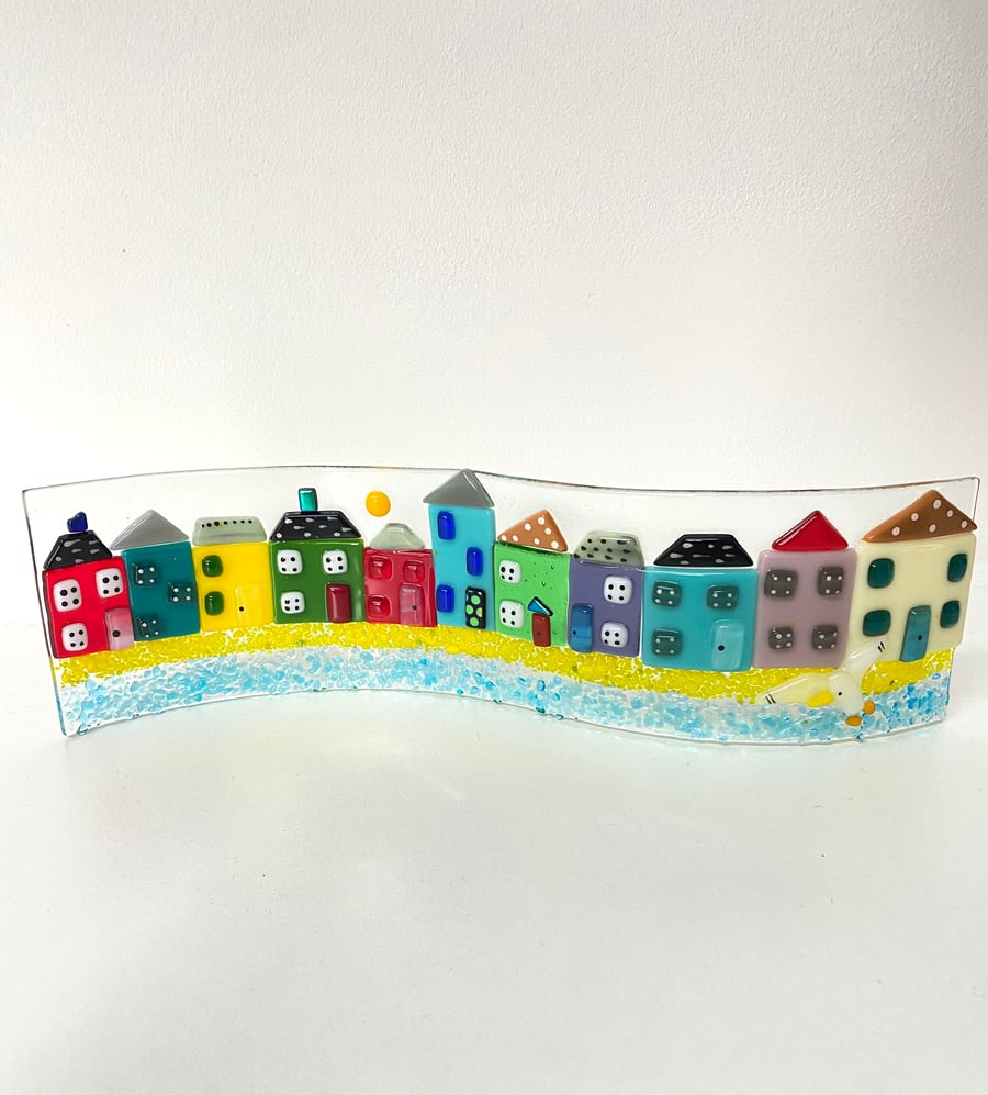 Fused glass colourful coastal houses stand up wave 