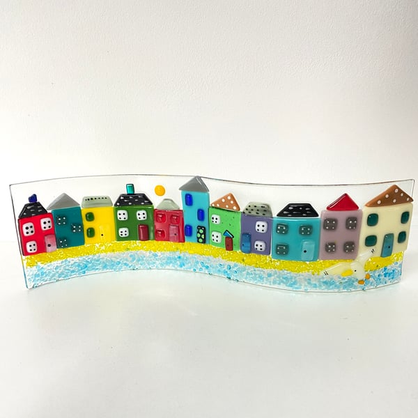 Fused glass colourful coastal houses stand up wave 