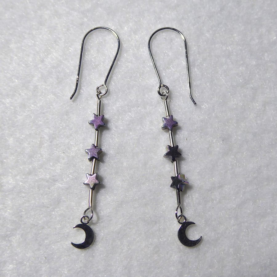 Crescent Moon and Sterling Silver Earrings with Hematite Stars