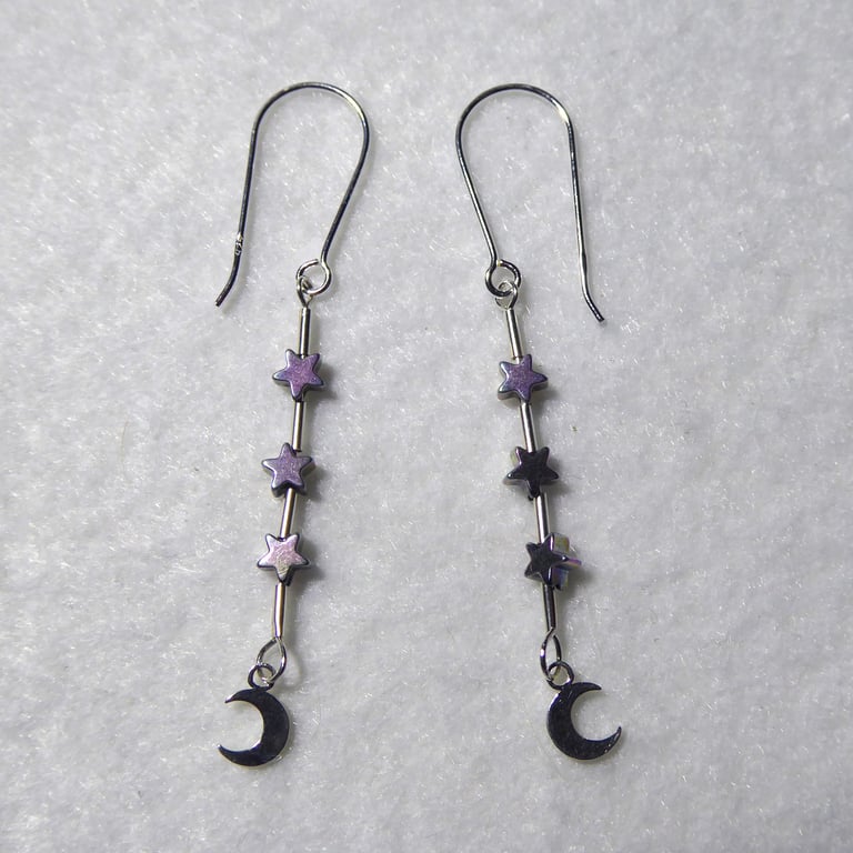 Crescent Moon and Sterling Silver Earrings with Hematite Stars