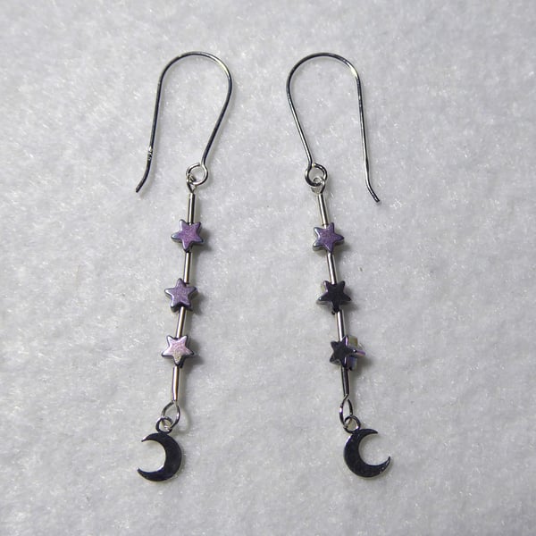 Crescent Moon and Sterling Silver Earrings with Hematite Stars