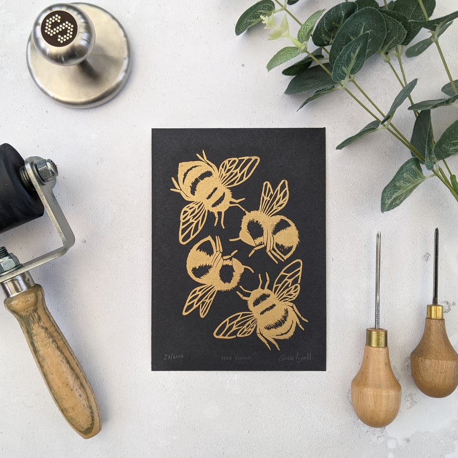 Gold Bee Print, Bumblebee Linocut Print, Insect Art
