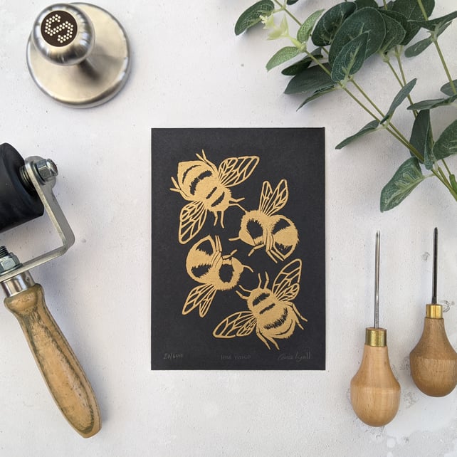 Gold Bee Print, Bumblebee Linocut Print, Insect Art