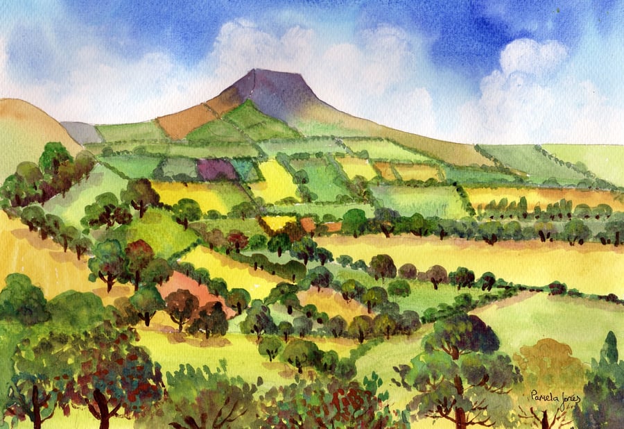 Skirrid Mountain, Abergavenny, Wales, Watercolour Print in 20 x 16'' Mount