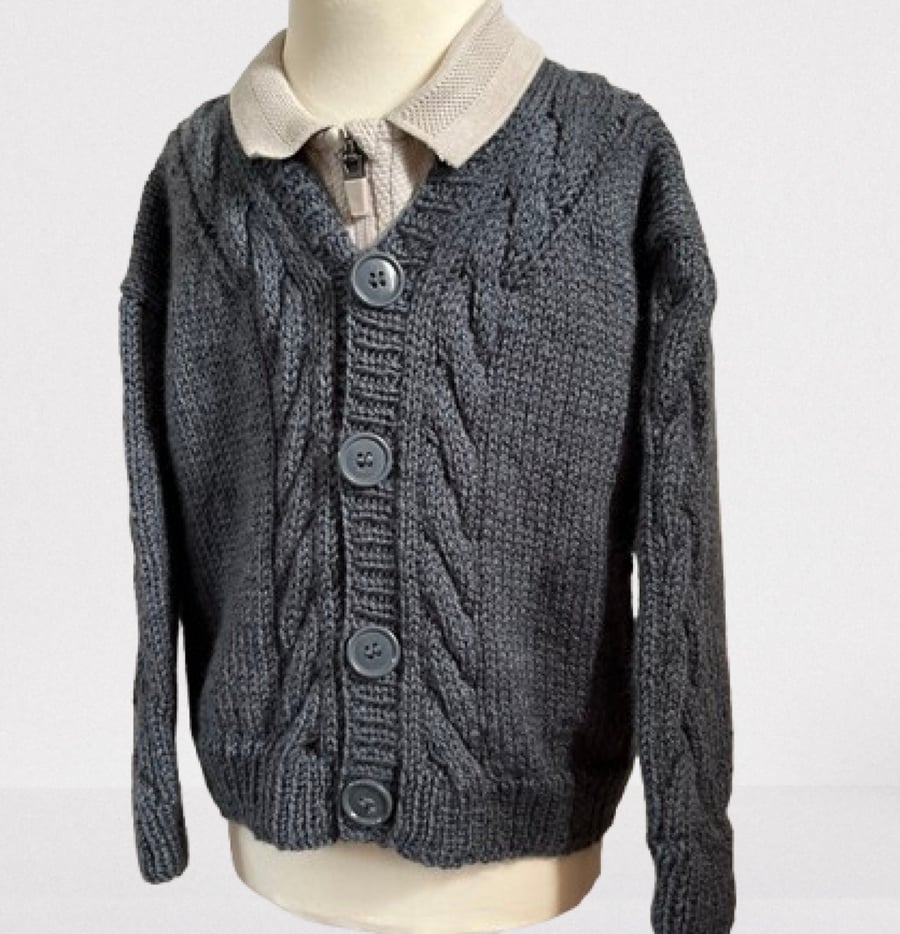 Hand Knitted Cable Pattern Cardigan In The Colour Storm - Fits Age 2 - 3 Years