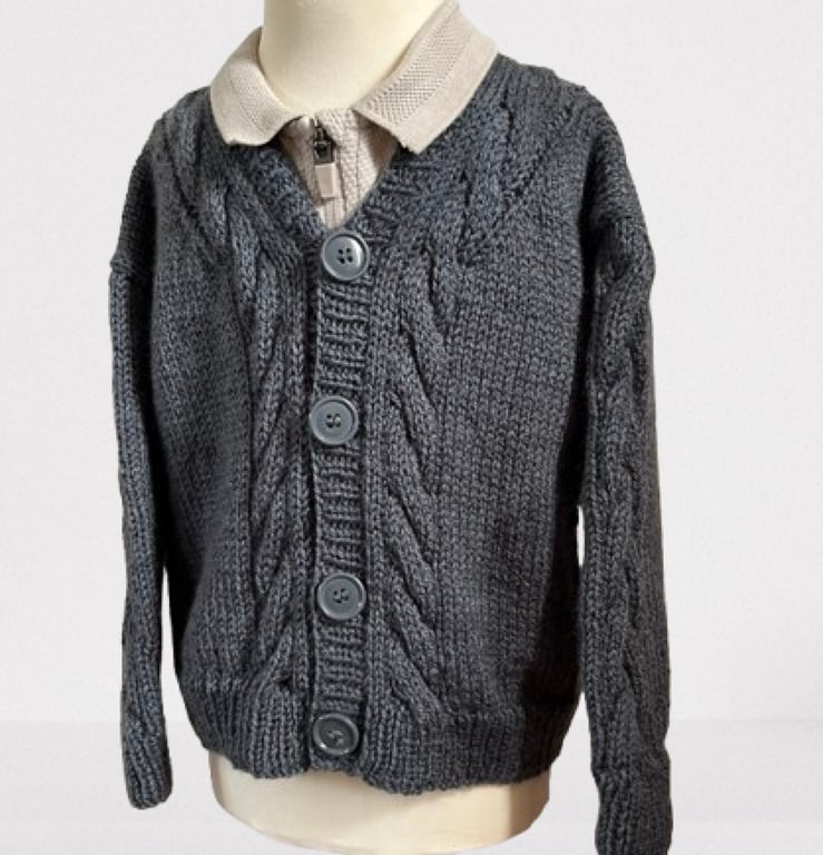 Hand Knitted Cable Pattern Cardigan In The Colour Storm - Fits Age 2 - 3 Years
