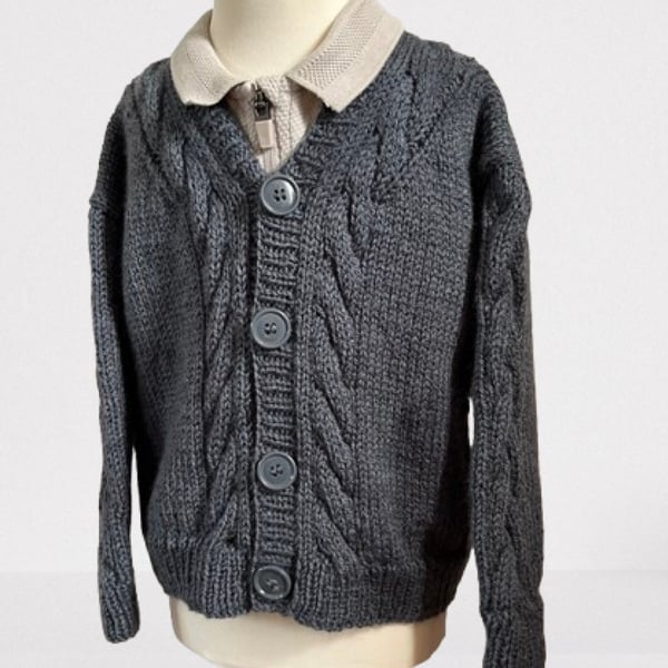 Hand Knitted Cable Pattern Cardigan In The Colour Storm - Fits Age 2 - 3 Years