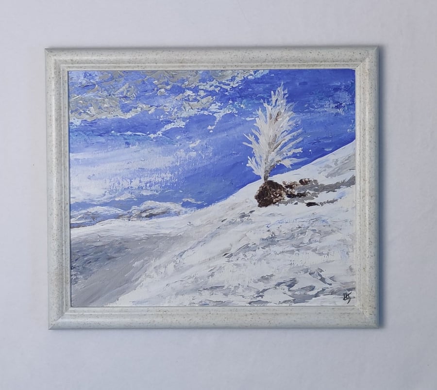 Winter Tree, Mountain Winter Snow Tree Paining, Original Framed Art
