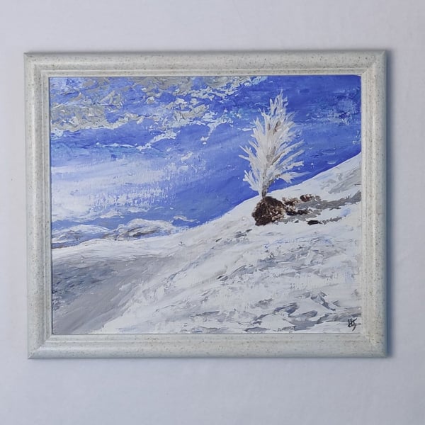 Winter Tree, Mountain Winter Snow Tree Paining, Original Framed Art