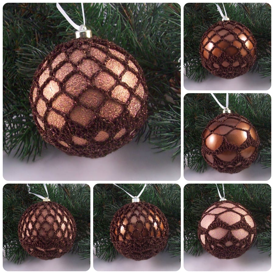Christmas baubles boxed set of 6 large decorated with crochet lace (A42)