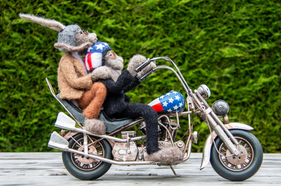 Harey Riders - Needlefelted Wool Sculpture - Hares riding a Harley Davidson