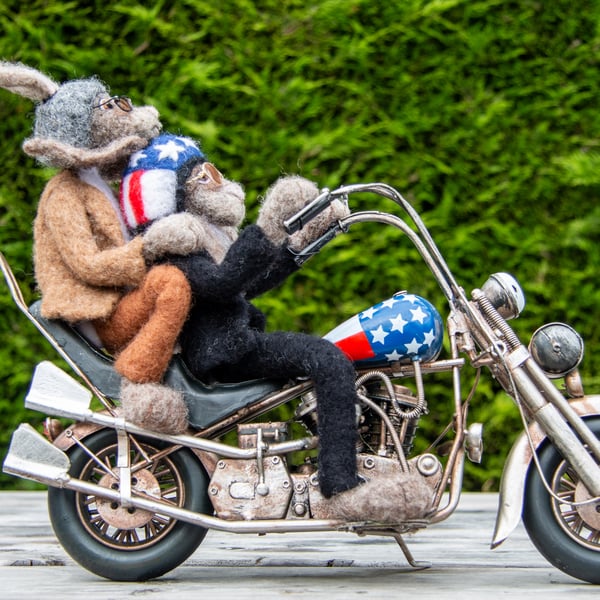 Harey Riders - Needlefelted Wool Sculpture - Hares riding a Harley Davidson