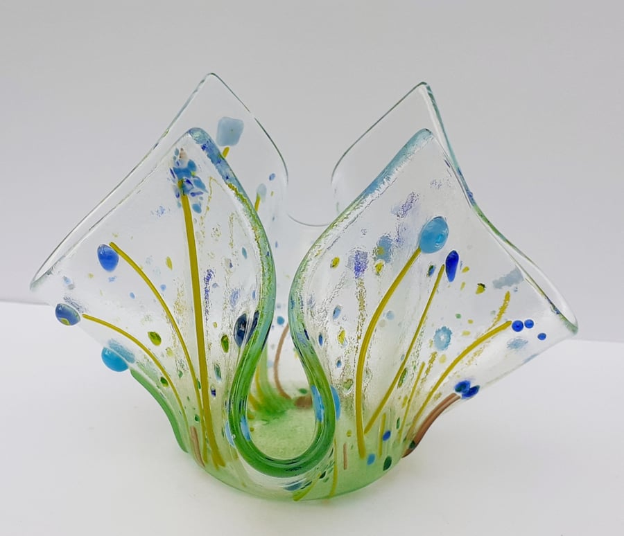 Fused glass floral tea light or candle holder - blues
