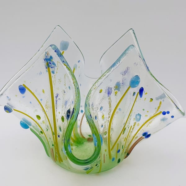 Fused glass floral tea light or candle holder - blues