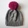 Bobble Hat in Light Grey Chunky Yarn with Pink Pom Pom