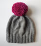 Bobble Hat in Light Grey Chunky Yarn with Pink Pom Pom