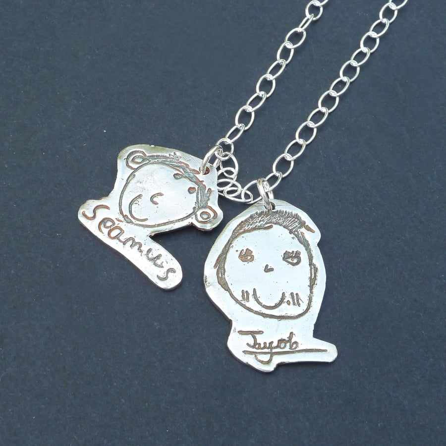 Double Mini Masterpiece Necklace Childrens Childs Drawing Artwork in Fine Silver