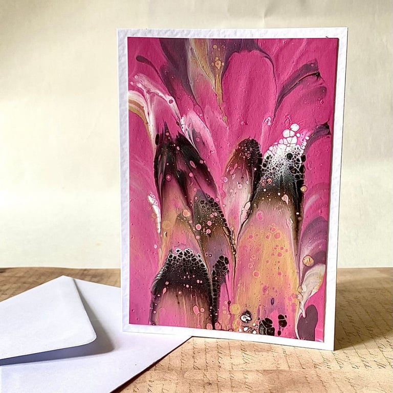 Pink, gold and silver metallic acrylic paint poured blank card