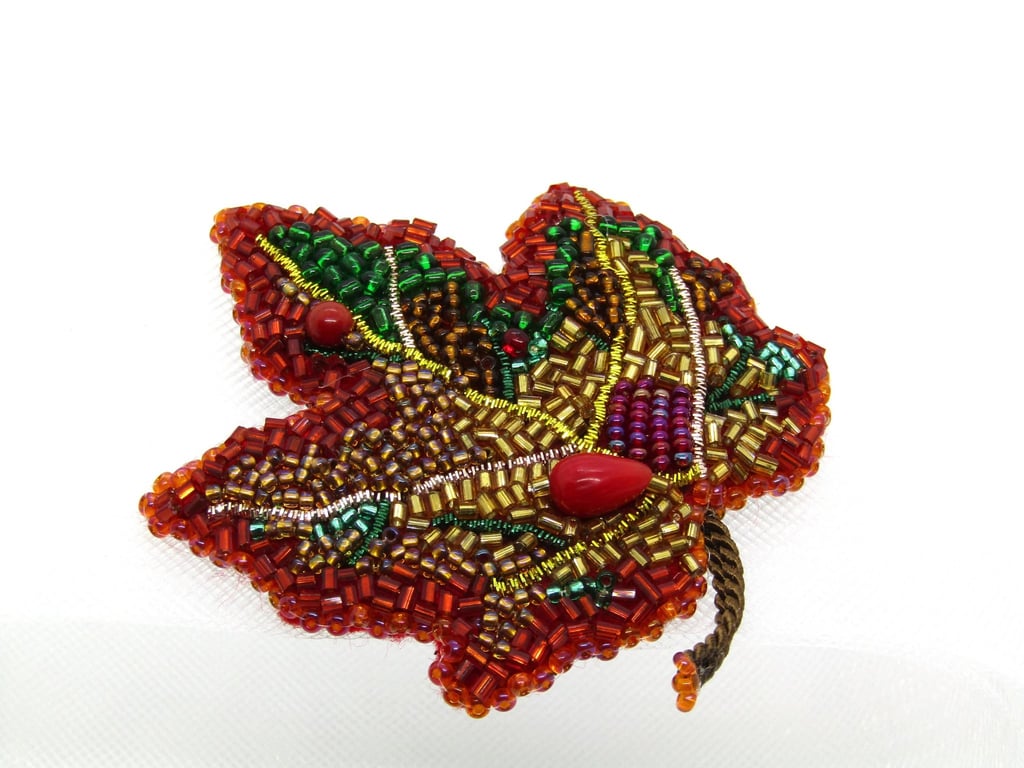 Leaf Brooch Beaded Embroidered Handmade Autumn Pin Statement Jewellery