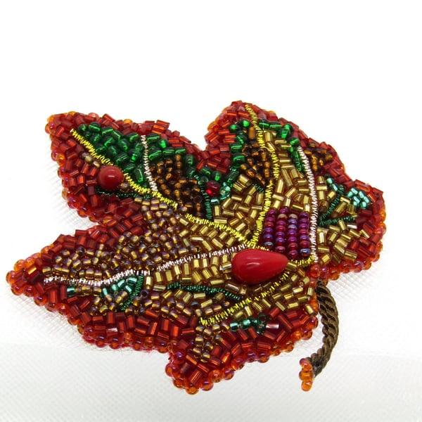 Leaf Brooch Beaded Embroidered Handmade Autumn Pin Statement Jewellery