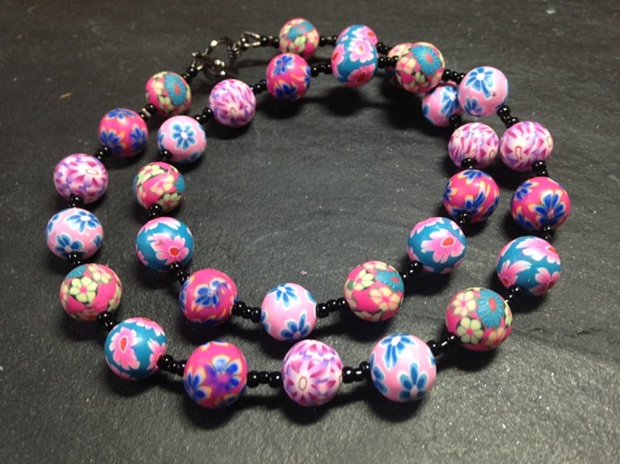 Vibrant Pinks Floral Polymer Clay Beaded Necklace 18 inches