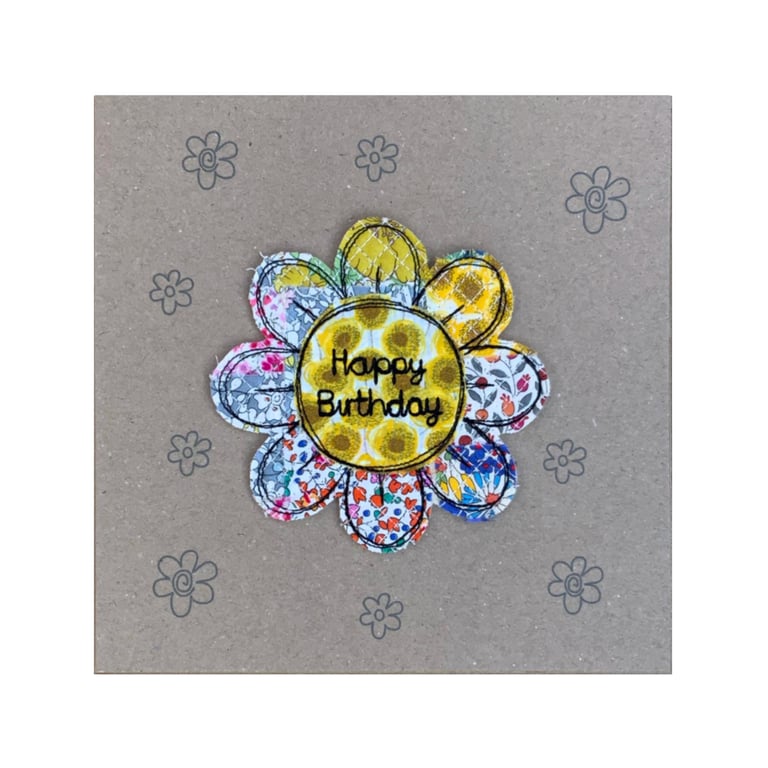 Liberty Fabric Flower Birthday Card: Stitched Textile Design