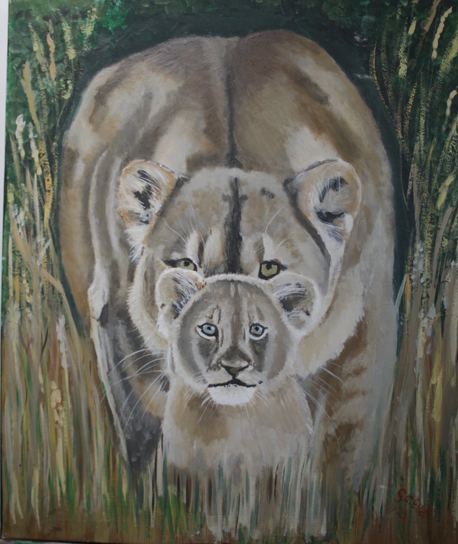 "You Dare" Mother Lion with cub painting