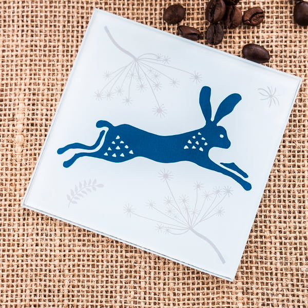 Glass Hare Coaster Indian Wood Block Printing Inspired Gift for Wildlife Lover  