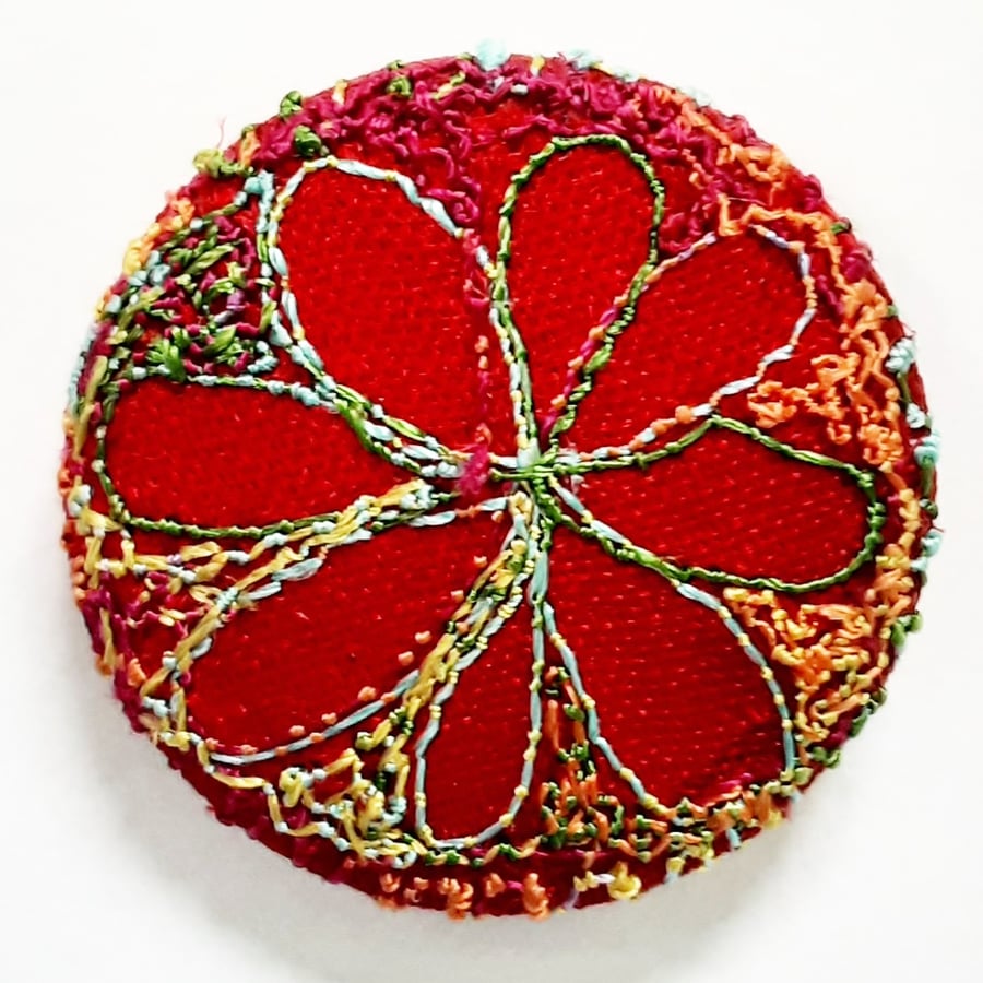 One Inch Badge Hand Dyed Silks & Cottons Free Machine Embroidery 