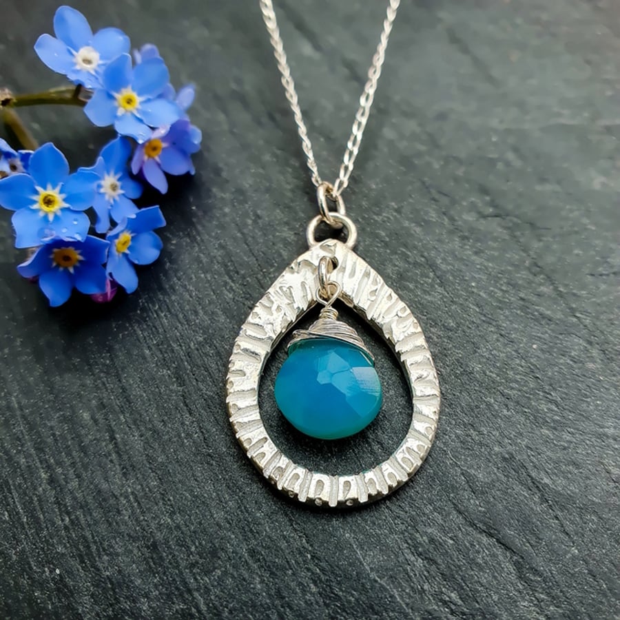Recycled Silver Teardrop Chalcedony Pendant - Allium Flower Pattern Necklace