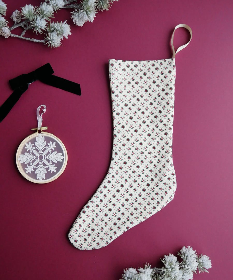 Christmas Stocking with Ditsy Poinsettia Flower Design