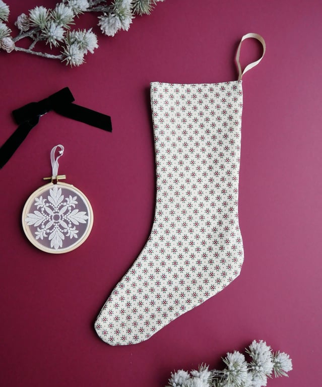 Christmas Stocking with Ditsy Poinsettia Flower Design