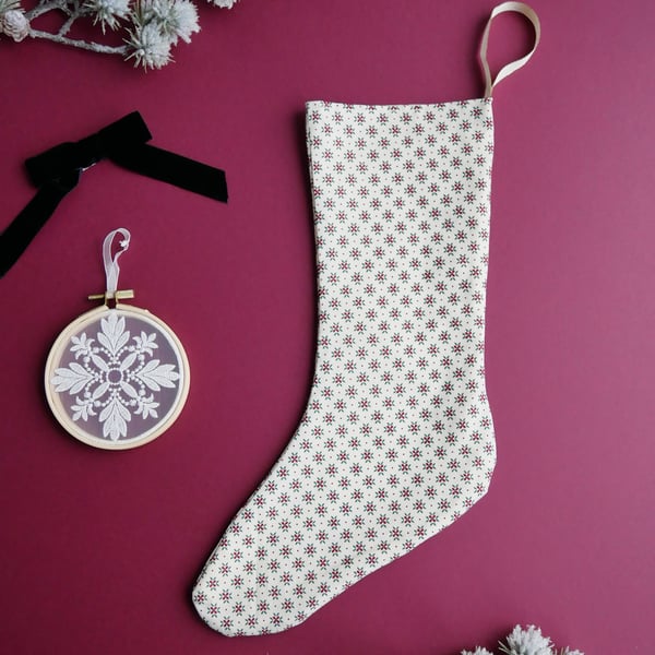 Christmas Stocking with Ditsy Poinsettia Flower Design